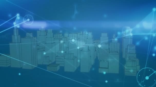 Animation Illuminated Connected Dots Model Cityscape Blue Background Digitally Generated — Stock Video