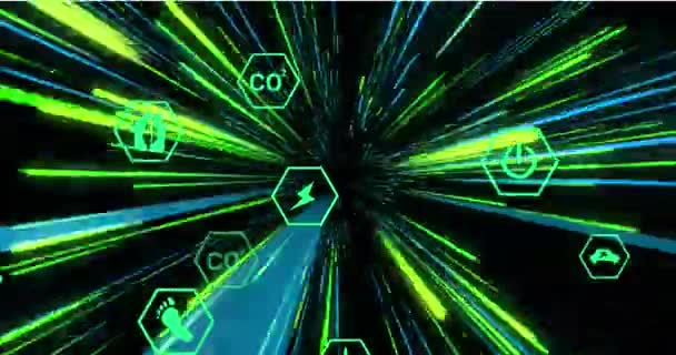 Animacja Sieci Połączeń Ikonami Eko Nad Zielonymi Niebieskimi Neonowymi Ścieżkami — Wideo stockowe
