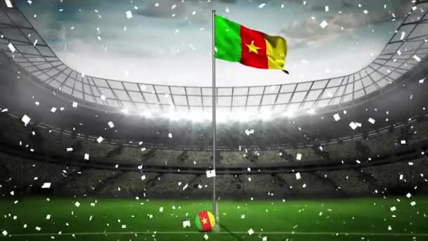 Animation Camera Flashes Confetti Falling Waving Cameroon Flag Sports Stadium — Stock Video