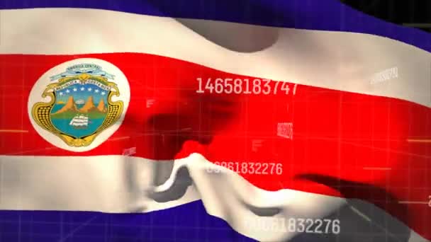 动画变化的数字和数据处理反对挥动科斯塔里卡旗 爱国主义和计算机接口技术概念 — 图库视频影像