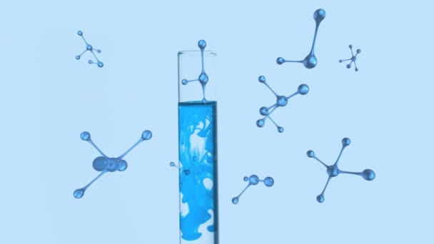 蓝色背景下漂浮核苷酸和充液试管的动画 数字合成 多重暴露 保健和技术概念 — 图库视频影像