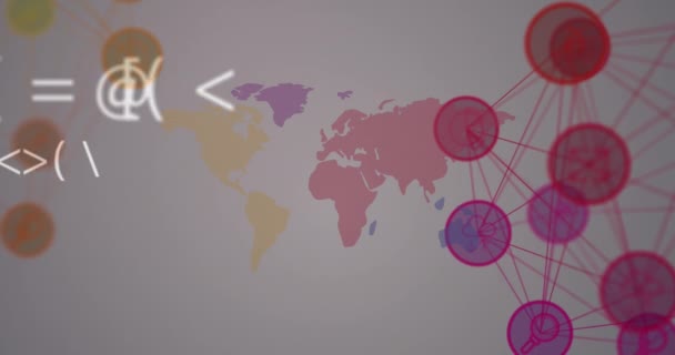 Animación Múltiples Símbolos Iconos Conectados Formando Globos Sobre Mapa Concepto — Vídeo de stock