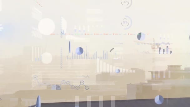 Animação Múltiplos Gráficos Placa Comércio Sobre Edifícios Modernos Contra Céu — Vídeo de Stock