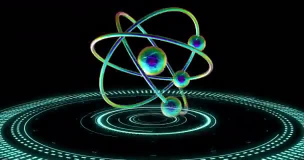 Анимация Вращения Атомной Модели Обработки Данных Черном Фоне Глобальная Наука — стоковое видео