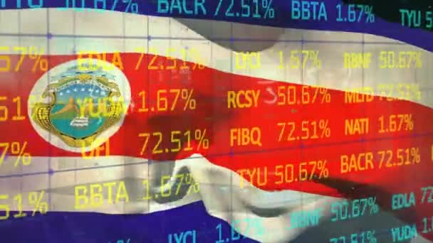 股市数据处理动画化 数学方程在摇摆不定的科斯塔里卡旗上出现 全球经济和爱国主义概念 — 图库视频影像