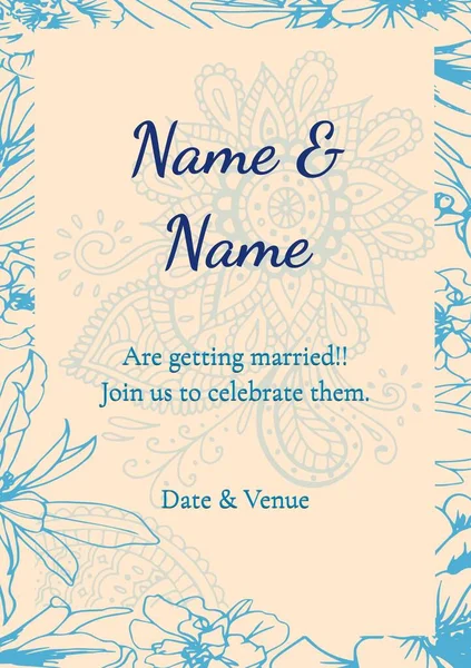 黄色の背景にインドのパターン上の結婚招待状のテキストの構成 インドのエンゲージメント招待状 お祝い インドの伝統コンセプトデジタル生成画像 — ストック写真