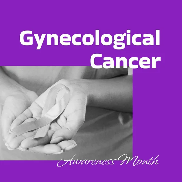 Composite of gynecological cancer awareness month over biracial woman holding ribbon. Gynecological cancer awareness, woman\'s health and prevention concept digitally generated image.