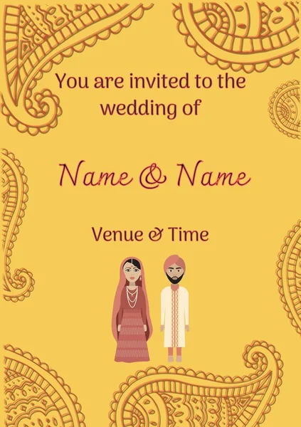 Composition Wedding Invitation Text Indian Pattern Yellow Background Indian Engagement — Stock Photo, Image