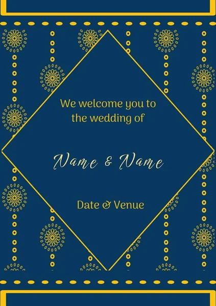 在蓝色背景上的印度图案之上的婚宴邀请书的组成 印度的承诺邀请 庆祝和印度传统概念数字生成的图像 — 图库照片