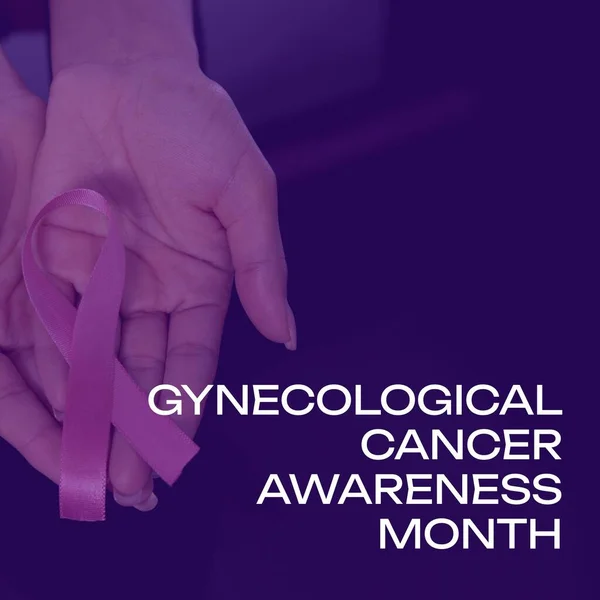 Composite of gynecological cancer awareness month over ribbon on biracial woman\'s hand. Gynecological cancer awareness, woman\'s health and prevention concept digitally generated image.