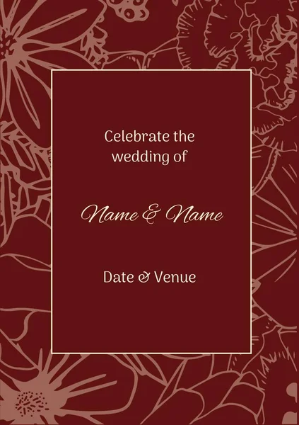 赤い背景のインドのパターン上の結婚招待状のテキストの構成 インドのエンゲージメント招待状 お祝い インドの伝統コンセプトデジタル生成画像 — ストック写真