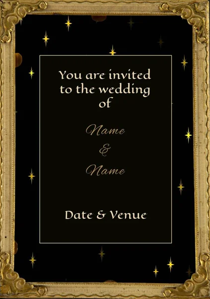Composition of wedding invitation text over gold frame and dark background. Indian engagement invitation, celebration and indian tradition concept digitally generated image.