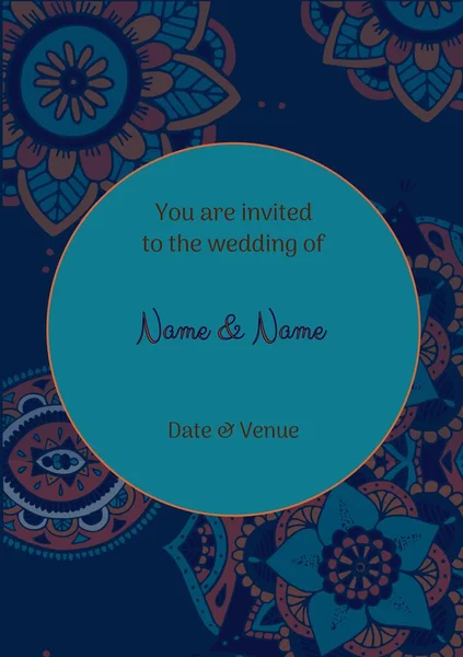 青い背景のインドのパターン上の結婚招待状のテキストの構成 インドのエンゲージメント招待状 お祝い インドの伝統コンセプトデジタル生成画像 — ストック写真