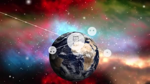 Анимация Иконок Линиями Поверх Вращающегося Земного Шара Разноцветными Линзами Вспыхивает — стоковое видео