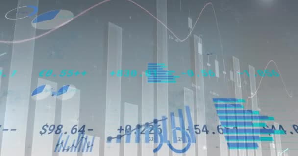 Animação Múltiplos Gráficos Com Números Placa Negociação Sobre Fundo Cinza — Vídeo de Stock