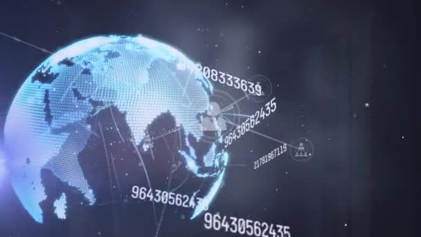 変化する数字 接続されたアイコン 回転する地球の周りの円のアニメーション デジタル生成 ホログラム イラスト ビジネス コミュニケーション グローバル化のコンセプト — ストック動画