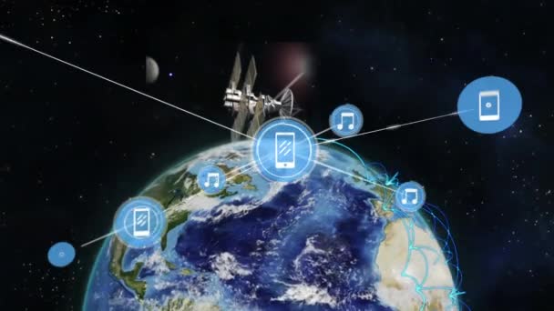 Animation Von Symbolen Die Mit Satellitenleitungen Rund Den Globus Und — Stockvideo