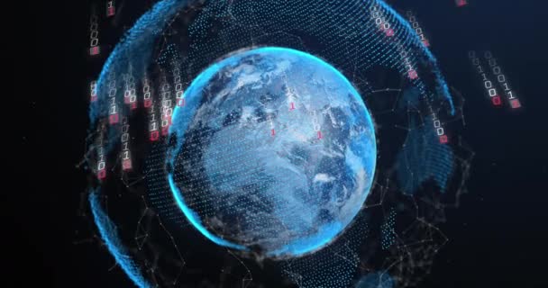 世界中のコネクテッドドットを背景にグリッチで落下するバイナリコードのアニメーション デジタル生成 ホログラム イラスト グローバル化 機械学習 技術コンセプト — ストック動画