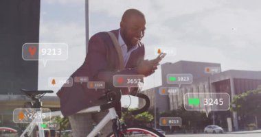 Sokaklarda akıllı telefon kullanan Afro-Amerikan iş adamlarının sosyal medya simgelerinin canlandırılması. Sosyal medya ağı ve iş teknolojisi kavramı