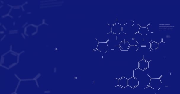 Animation Chemical Structures Data Processing Blue Background Medical Research Science — Stock videók