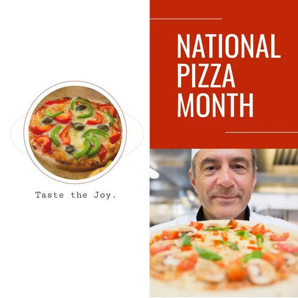 National pizza month, taste the joy text with pizzas and smiling senior caucasian male chef. National celebration of pizza, food appreciation campaign digitally generated image.