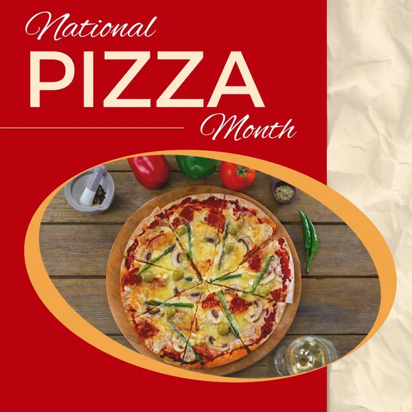 木のテーブルの上にピザと食材のオーバーヘッドと赤のピザ月のテキスト 全国ピザのお祝い 食品鑑賞キャンペーン デジタル生成画像 — ストック写真