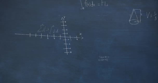 青いチョークボードの背景に対して浮かぶ数学の方程式と数式のアニメーション 教育コンセプト — ストック動画