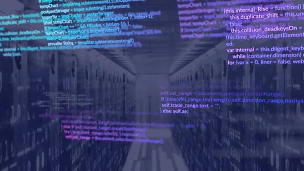 Animacja Wielokolorowego Języka Komputerowego Kodami Binarnymi Nad Serwerownią Kompozyt Cyfrowy — Wideo stockowe