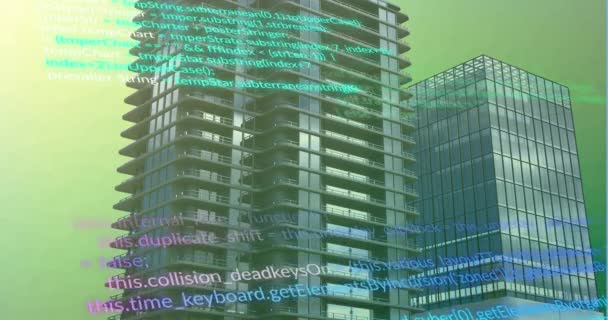그라디언트 배경에 건물에 컴퓨터 언어의 애니메이션 디지털 프로그래밍 아키텍처 — 비디오
