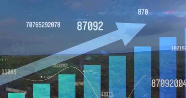 Animation Arrow Bar Graph Changing Numbers Green Landscape Cloudy Sky — Stock Video