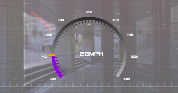 Animasi Perubahan Angka Dalam Pemuatan Speedometer Dengan Grafik Atas Bangunan — Stok Video