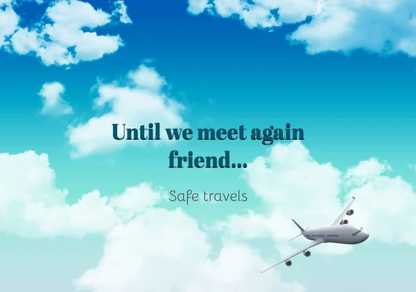 Illustration Meet Again Friend Safe Travels Text Airplane Flying Blue — Stock Photo, Image