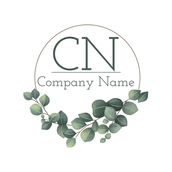 说明的Cn 公司名称文字与叶子和圆圈的白色背景 复制空间 商业和标识概念 — 图库照片