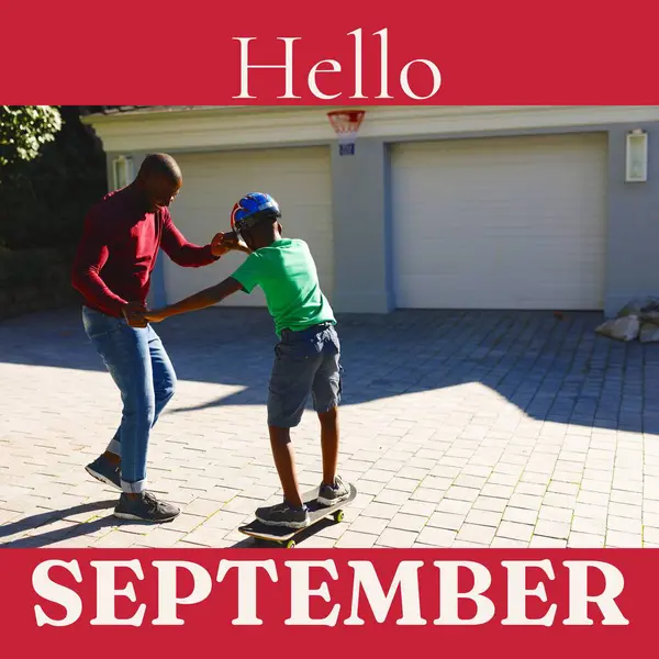 Composto Texto Olá Setembro Sobre Pai Americano Africano Com Filho — Fotografia de Stock