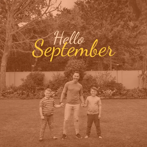 Composto Texto Olá Setembro Sobre Pai Caucasiano Com Filhos Jardim — Fotografia de Stock
