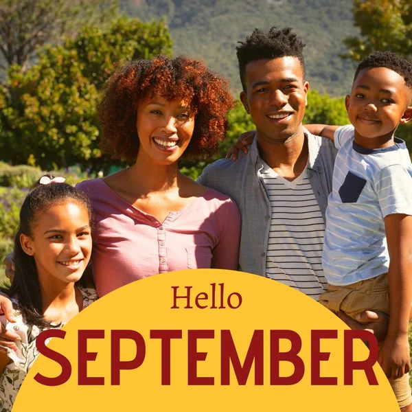 Composite Hello September Text African American Family Garden Hello September — Stock Photo, Image