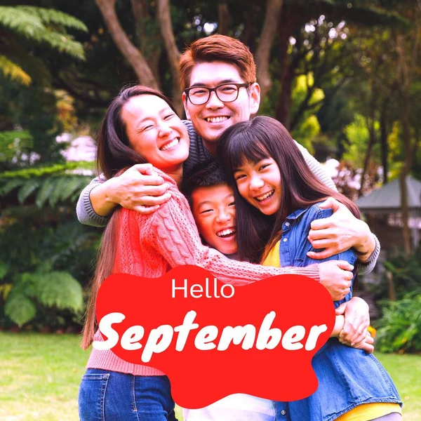 Composto Texto Olá Setembro Sobre Casal Asiático Com Filha Filho — Fotografia de Stock
