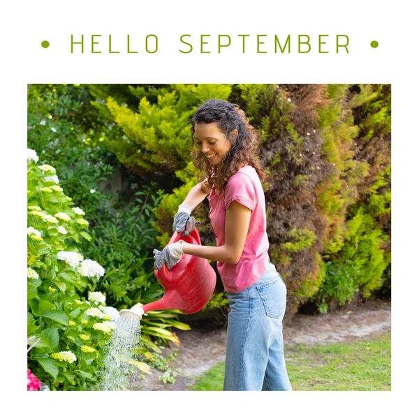 Composto Texto Olá Setembro Sobre Mulher Birracial Jardim Olá Setembro — Fotografia de Stock