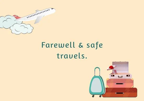 Illustration of farewell and safe travels text with airplane and luggage on peach background. Farewell card, travel, greeting card, aspirations, template, creative, design and leaving concept.