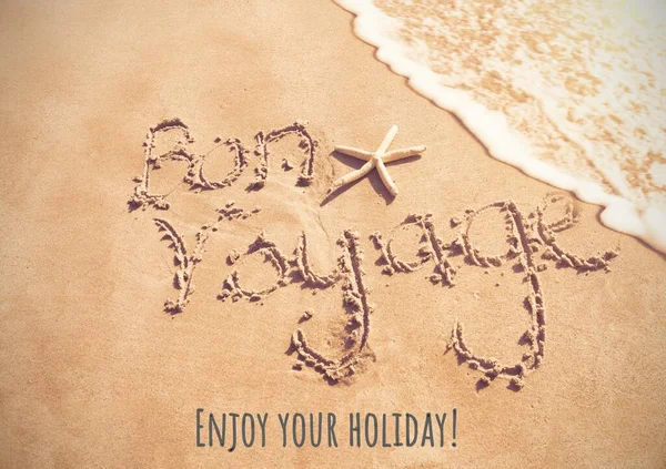 Composite Enjoy Your Holiday Bon Voyage Text Sand Starfish Shore — Stock Photo, Image