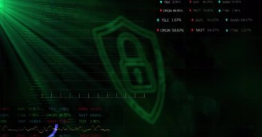 İstatistiksel animasyon, borsa veri işleme, güvenlik kilidi simgesi ve yeşil ışık noktası. Siber güvenlik ve iş teknolojisi kavramı