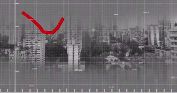 Анимация Обработки Статистических Данных Сетчатой Сети Воздушным Видом Городской Пейзаж — стоковое видео