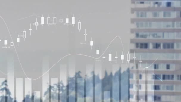 Animación Del Procesamiento Estadístico Datos Contra Vista Aérea Del Edificio — Vídeo de stock