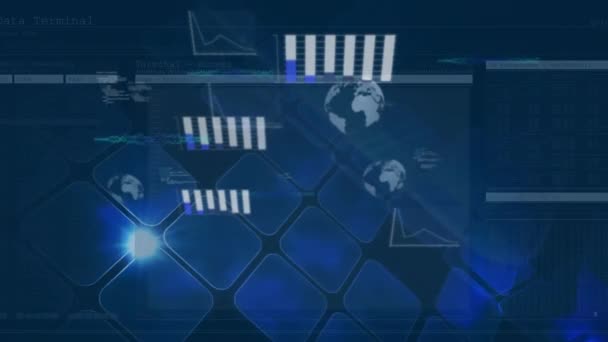 Animatie Van Lichtvlek Statistische Gegevensverwerking Globes Vierkante Vormen Blauwe Achtergrond — Stockvideo