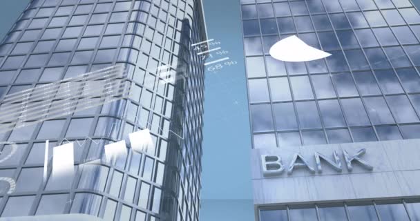 Animação Interface Infográfica Sobre Baixo Ângulo Texto Banco Edifício Moderno — Vídeo de Stock