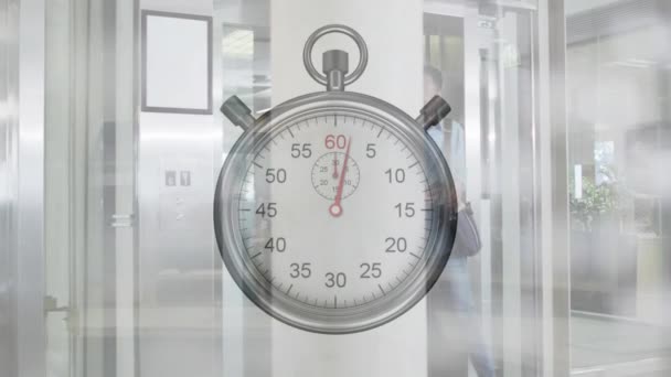 Asansörden Inerken Tartışan Kadın Erkeğin Kronometresinin Animasyonu Zaman Yönetimi Teknolojisi — Stok video