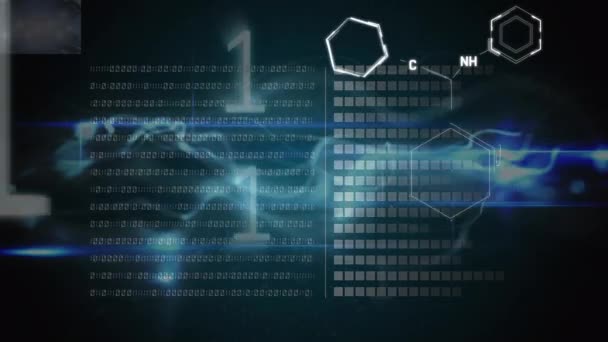 Animacja Struktur Chemicznych Kodowania Binarnego Przed Niebieską Falą Cyfrową Przetwarzaniem — Wideo stockowe