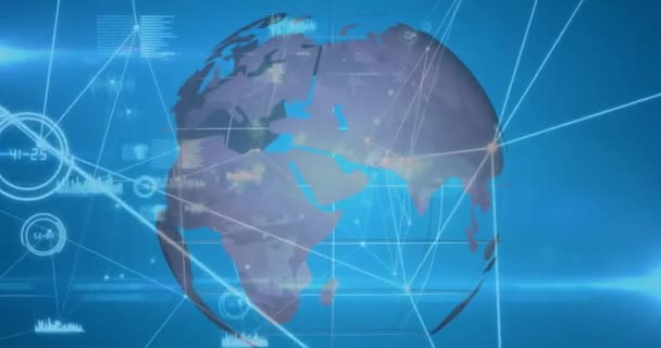 Animation Von Miteinander Verbundenen Punkten Mit Diagrammsymbolen Und Rotierendem Globus — Stockvideo