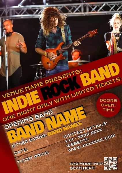 Diverse rock band performing on stage and venue name presents, indie rock band. One night only with limited tickets, date, ticket price, music festival, art, event, poster, advertisement, template. ,