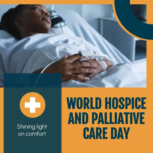 African american woman lying on bed, world hospice and palliative care day, shining light on comfort. Composite, relax, pensive, medical, healthcare, support, celebrate and prevention concept.